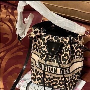 Dior Black and Tan Leopard Print Bucket Bag